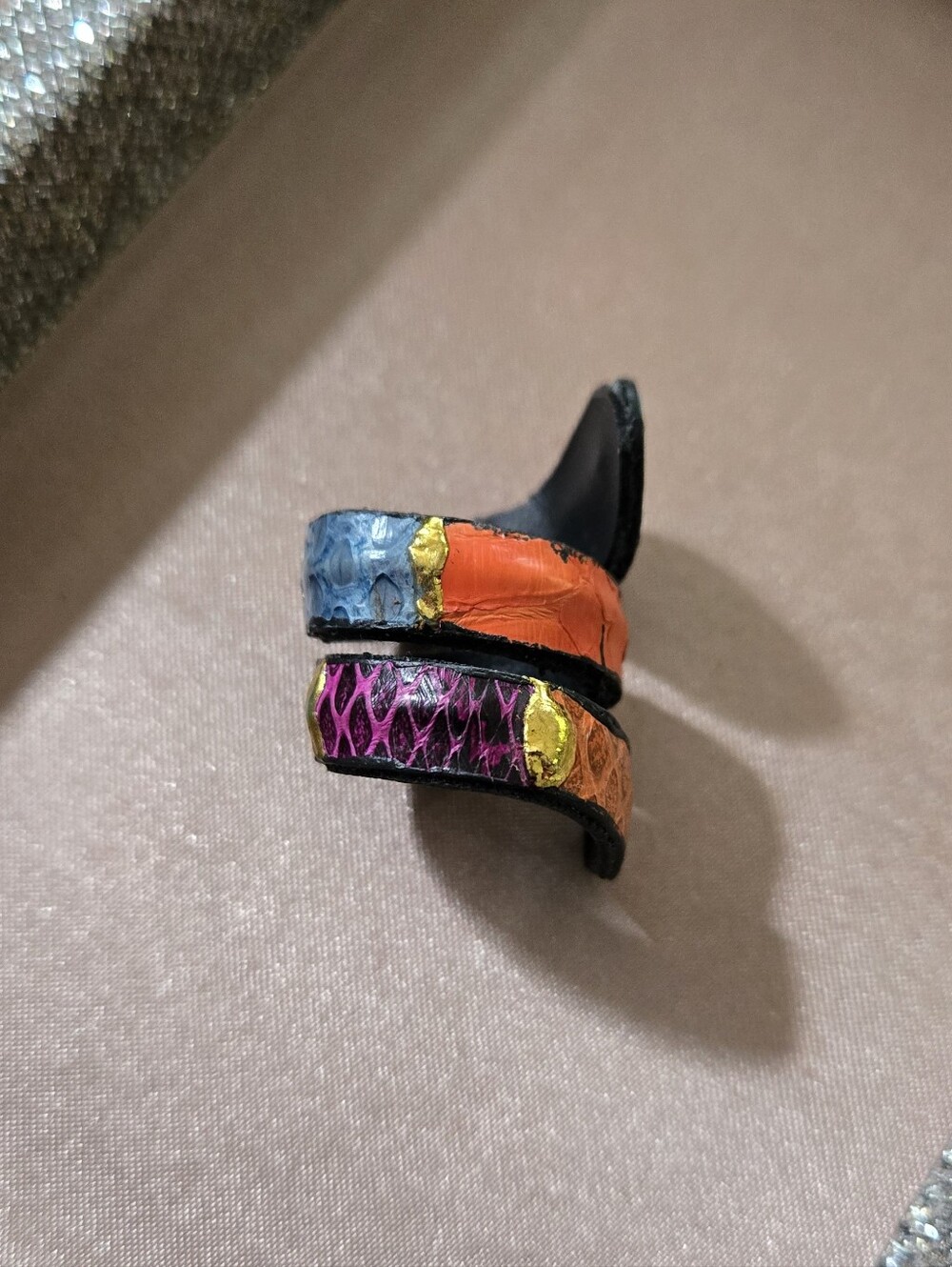 Hand Painted Leather Snake Wrap Ring - Picture 4 of 7